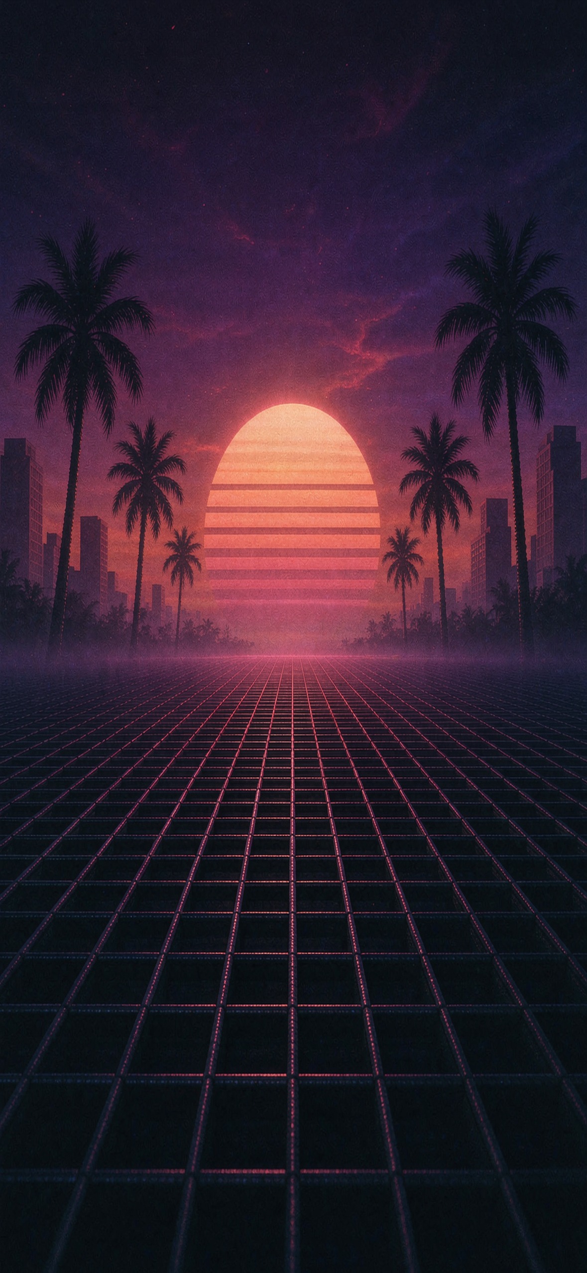 网格落日 · 1179×2556 赛博朋克壁纸